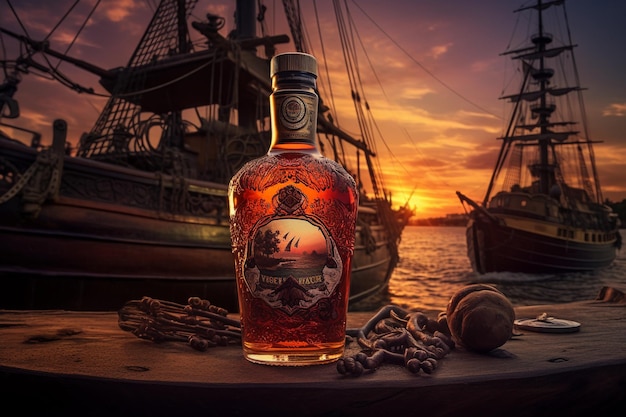 Photo bouteille de rhum ou de whisky sur une plage avec un bateau pirate en arrière-plan