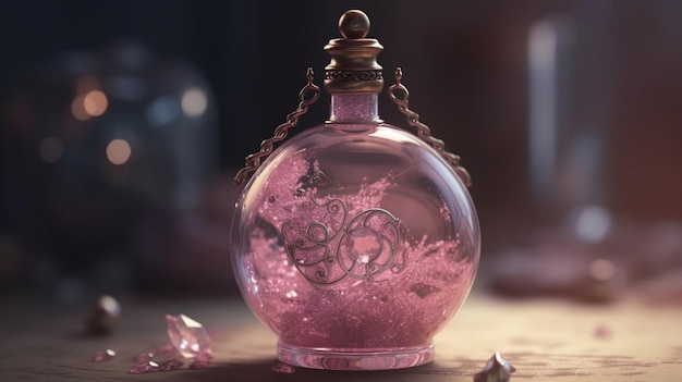 Une bouteille rose de potion rose avec des cristaux à la surface.