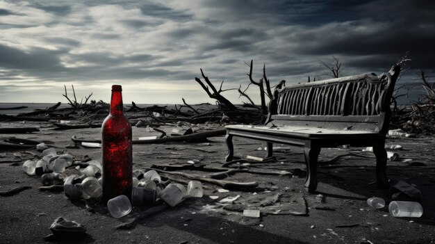 Photo une bouteille rouge assise sur le sol à côté d'un banc.