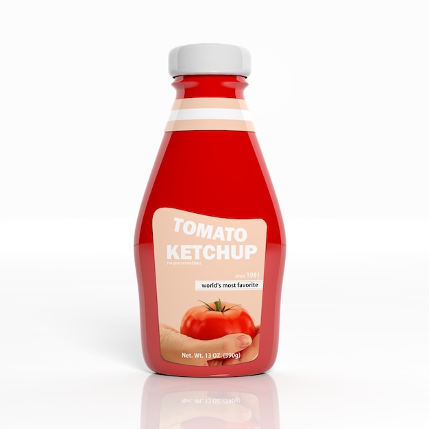 Bouteille rouge en plastique de ketchup 3D isolée sur blanc