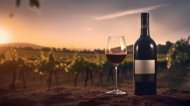 Photo bouteille de rouge avec un verre sur fond de vignes