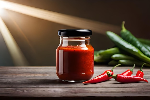 Photo une bouteille de sauce piquante sur une table et des piments autour