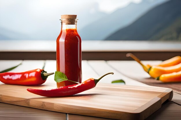 Photo une bouteille de sauce tomate à côté d'un poivron sur une table.