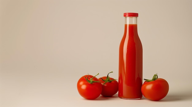 Photo une bouteille de sauce tomate avec des tomates sur un fond crémeux