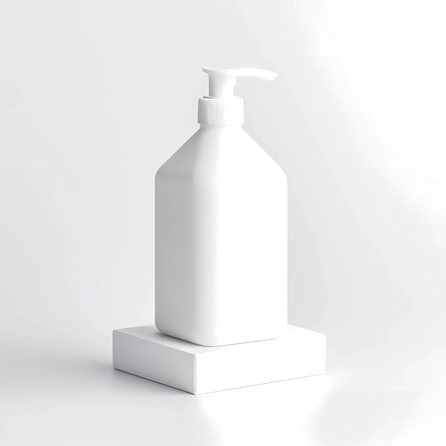Une bouteille de savon est posée sur une boîte blanche.
