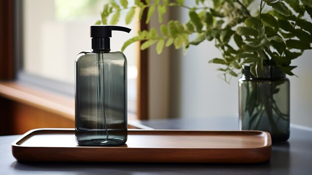 Photo une bouteille de savon en verre clair gris foncé sur un plateau en bois