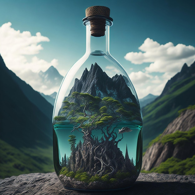 Une bouteille d'une scène de montagne avec une scène de montagne à l'intérieur