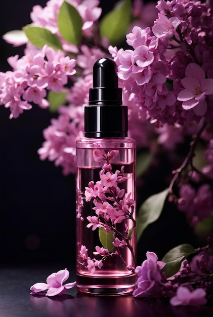 Une bouteille de sérum pour le visage entourée de fleurs de lilas roses