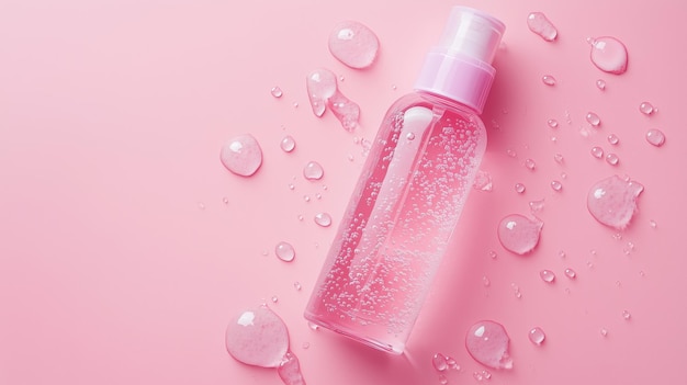Bouteille de sérum rose transparent sur un fond rose doux entourée de gouttes d'eau pour les amateurs de soins de la peau