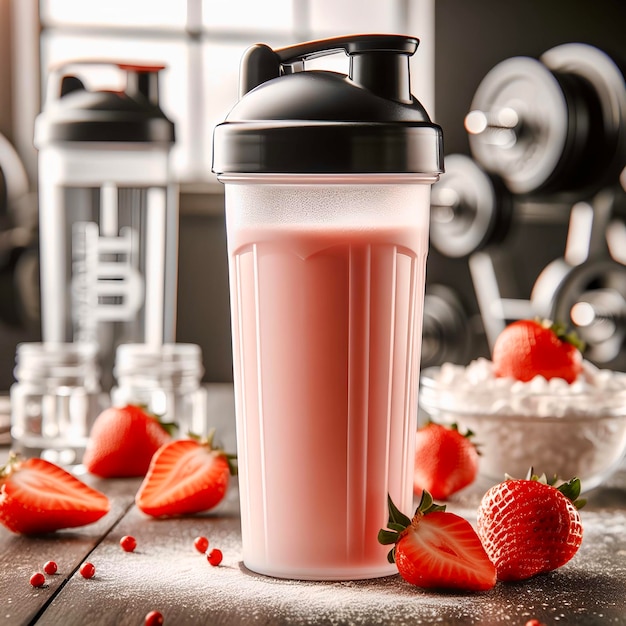 Photo bouteille de shaker avec des protéines de fraises sur la table