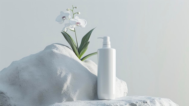 Une bouteille de shampooing blanche posée sur une plate-forme de roche blanche sur un fond blanc propre créant une scène minimaliste mais frappante pour la publicité des produits cosmétiques