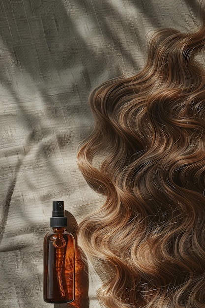 Photo bouteille de shampooing à côté des longs cheveux ondulés sur une surface texturée