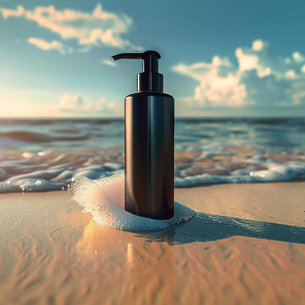 Photo une bouteille de shampooing sur la plage