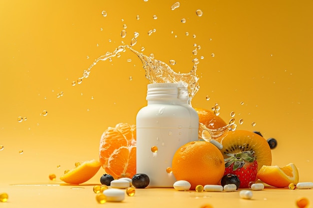 Une bouteille de supplément blanche et arrondie sans étiquettes, sans pilules, photo frontale du produit.