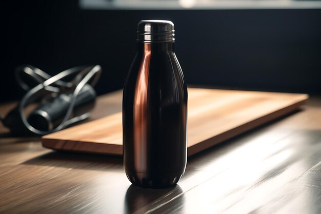 Photo bouteille thermo élégante sur une table en bois espace pour le texte