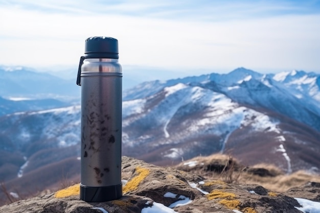 Une bouteille thermos avec du chocolat chaud sur fond de montagne