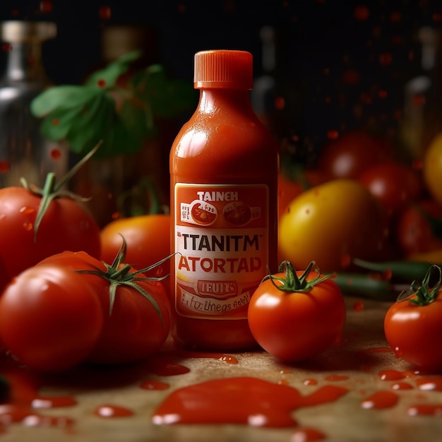 Une bouteille de titaninum en haut d'une table avec des tomates.