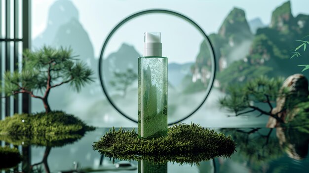 Une bouteille de toner facial à l'eau verte se tient sur la mousse entourée de pins et de montagnes