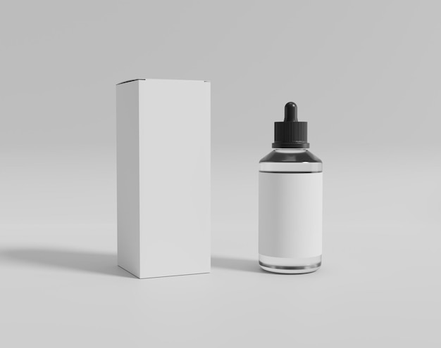 Bouteille transparente réaliste avec une boîte, bouteille en verre madicine, rendu 3d, illustration 3d, rendu