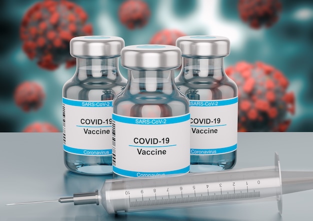 Bouteille de vaccin contre le coronavirus cause d'environ Covid-19 sur fond flou.