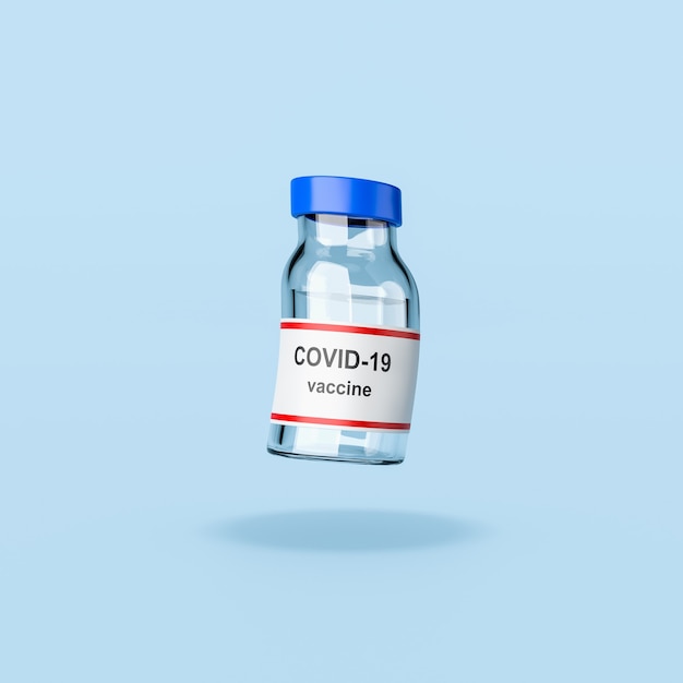 Bouteille de vaccin Covid 19 sur fond bleu