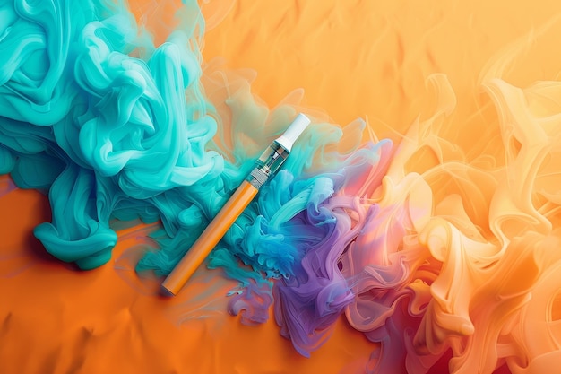 Une bouteille de vape est sur une table devant un fond coloré