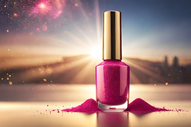 Bouteille de vernis à ongles rose avec fond dans des tons dorés Concept d'élégance délicatesse et beauté