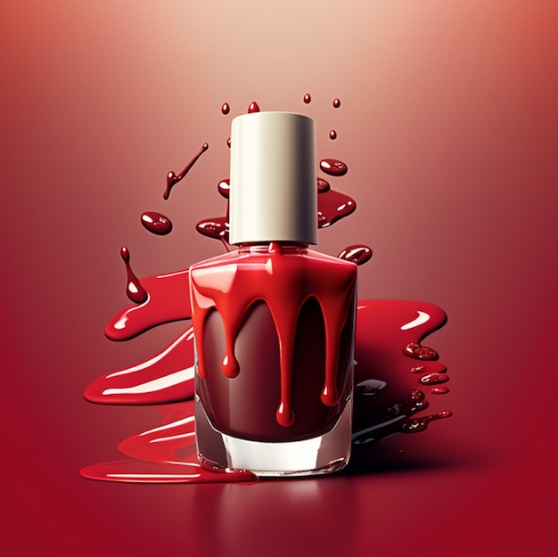 Une bouteille de vernis à ongles rouge avec un capuchon blanc et un fond rouge.