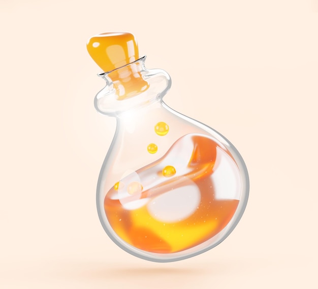 Bouteille en verre 3D avec une potion magique ou un élixir Bouteille avec un liquide de sort doré et une prise ui actif de jeu Sorcier ou alchimiste Flacons transparents avec du poison et un antidote Icône de rendu de dessin animé