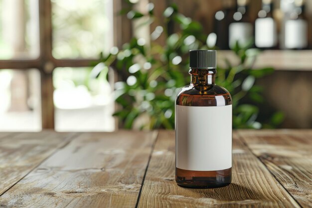 Bouteille de verre ambre foncé sur une table en bois pour les blogs de beauté