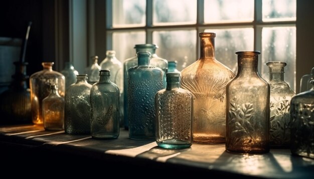 Bouteille en verre à l'ancienne sur une table en bois générée par l'IA