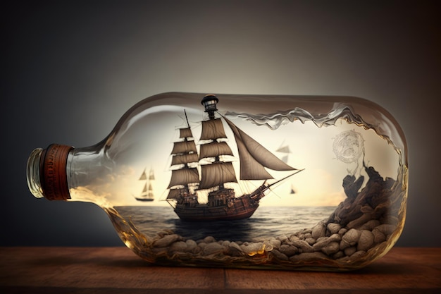 Bouteille en verre avec bateau pirate à l'intérieur d'un mini-bateau à l'intérieur d'une bouteille illustration numérique AI