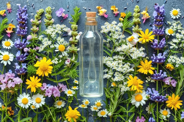 Photo bouteille de verre avec un bouchon sur un fond de fleurs de prairie bannière de cosmétiques floraux