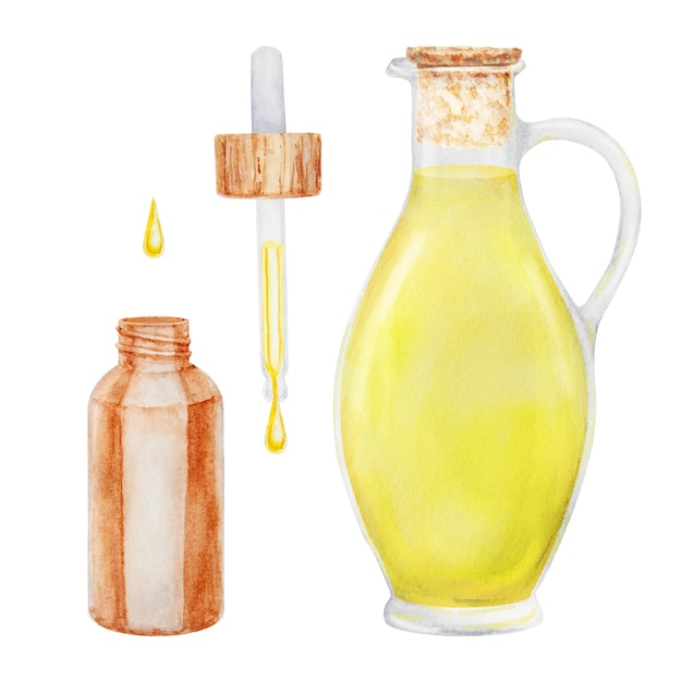 Photo bouteille de verre brun transparent avec ingrédient d'illustration dessiné à la main en aquarelle au vinaigre d'huile jaune