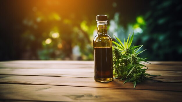 Bouteille de verre brune avec de l'huile de CBD de cannabis avec des feuilles de chanvre sur le fond de table en bois