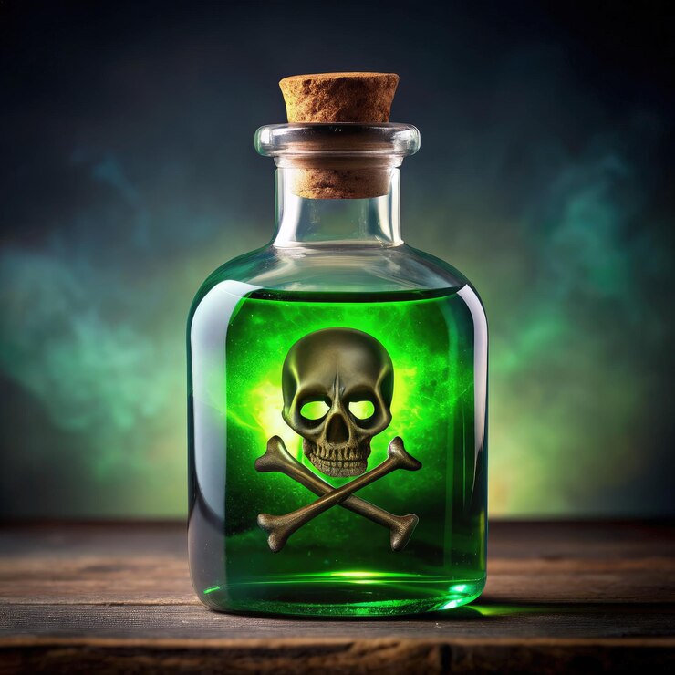 Photo une bouteille de verre contenant un poison vert vibrant dans un espace faiblement éclairé ia générative