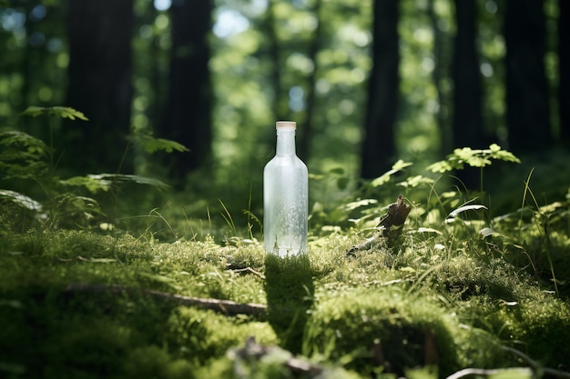 Bouteille en verre dans la forêt Image conceptuelle avec espace de copie