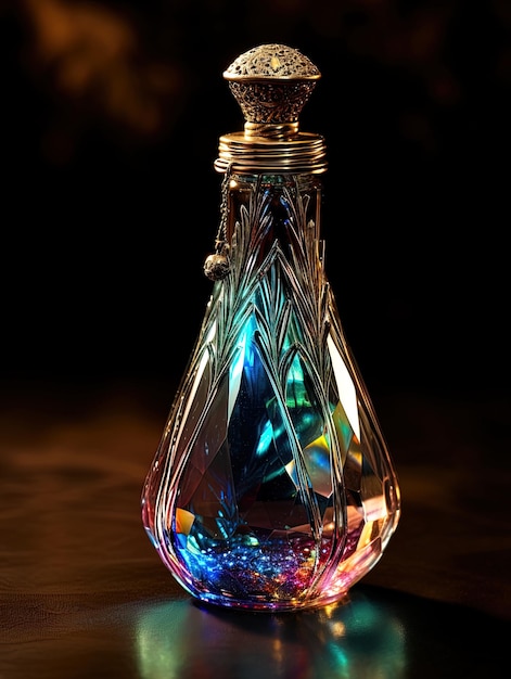 Photo une bouteille de verre avec un dessus en or et un diamant vert sur le dessus.