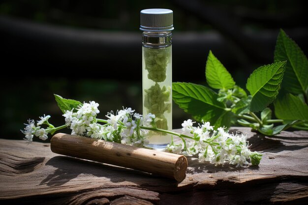 Bouteille en verre avec du parfum sur un fond d'écorce d'arbre et de fleurs Arôme floral Cosmétiques naturels