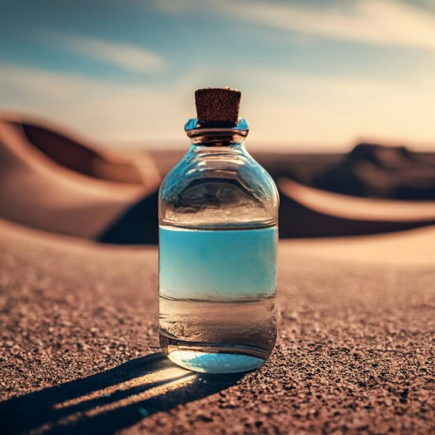 Photo bouteille de verre avec de l'eau paysage désertique image générée par l'ia