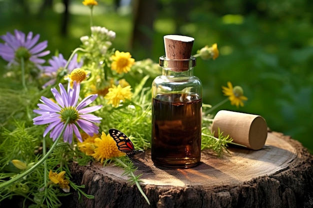 Bouteille en verre d'extrait essentiel de plantes papillon et fleurs sauvages sur une souche d'arbre