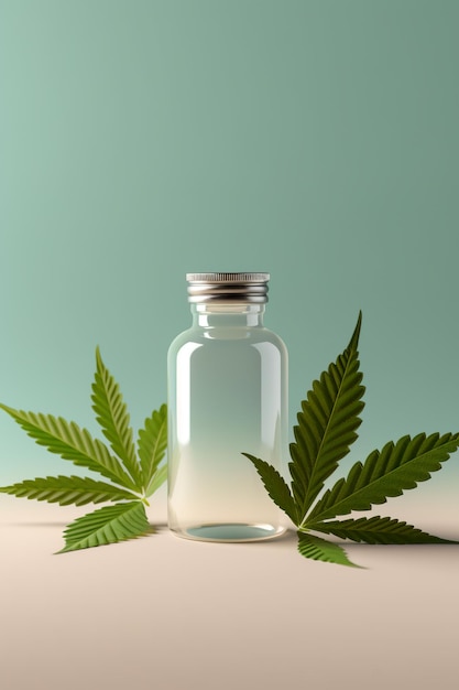 Une bouteille en verre avec une feuille de marijuana dessus Image AI générative Maquette de bouteille de supplément