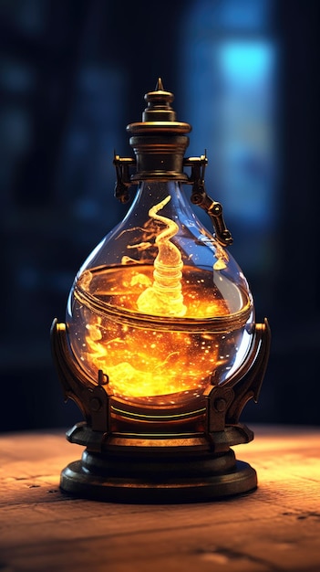 Une bouteille en verre avec une flamme à l'intérieur