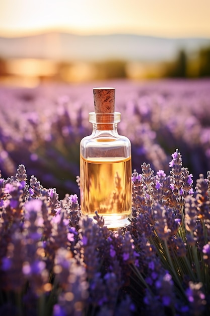 Bouteille en verre d'huile essentielle de lavande avec des fleurs de lavande fraîches dans un champ de lavande huile de lavande Ge