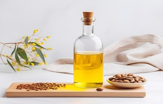 Bouteille de verre avec de l'huile de jojoba et des graines sur une table en bois blanc