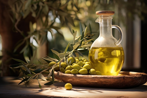 Photo bouteille en verre avec de l'huile d'olive sur une table en bois avec des branches et des olives arrière-plan extérieur ensoleillé