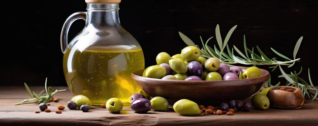 Photo bouteille en verre avec huile d'olive et table en bois d'olivier dans la lumière du soleil de l'oliveraie ai génératif