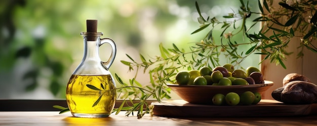 Bouteille de verre avec de l'huile d'olive et de la table en bois d'oliviers à la lumière du soleil de l'oliveraie