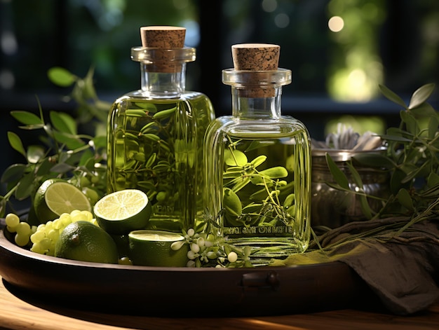 Bouteille en verre d'huile d'olive sur une table en bois