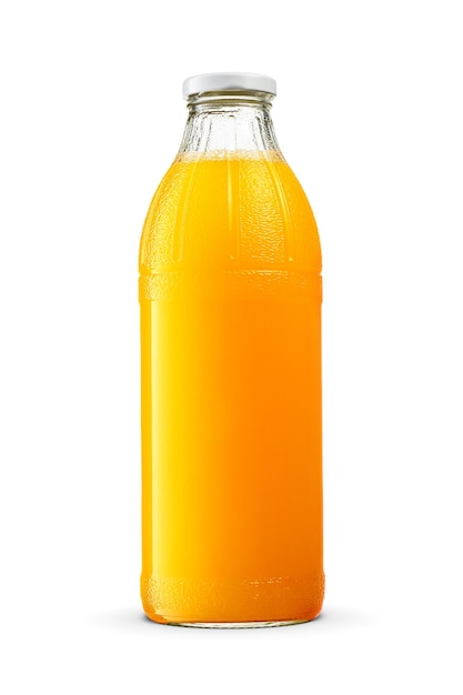 Bouteille en verre de jus d'orange avec capuchon à vis tourné isolé sur fond blanc